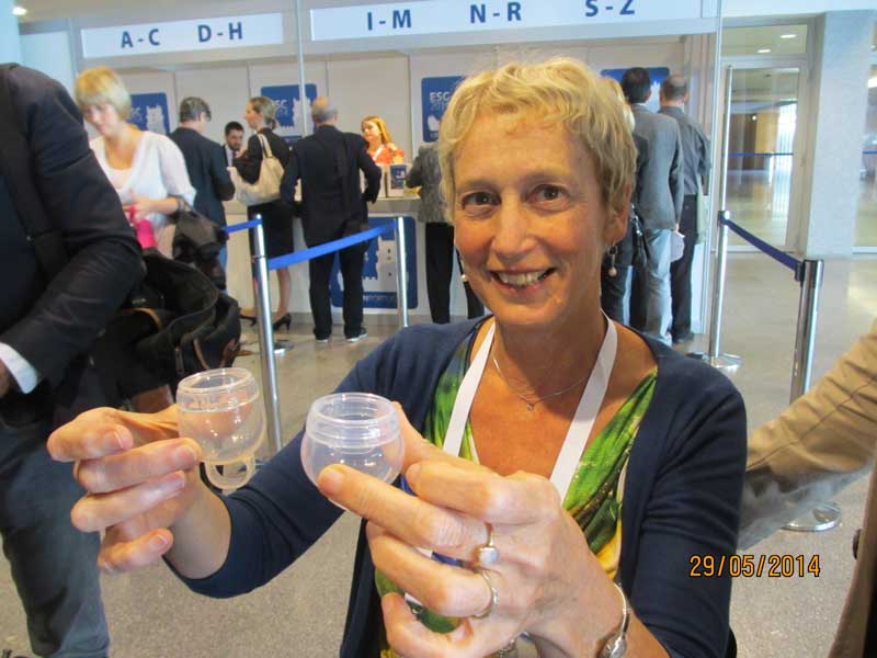 Dr Ellen Wiebe of Canada demonstrating a new cervical cap being developed.